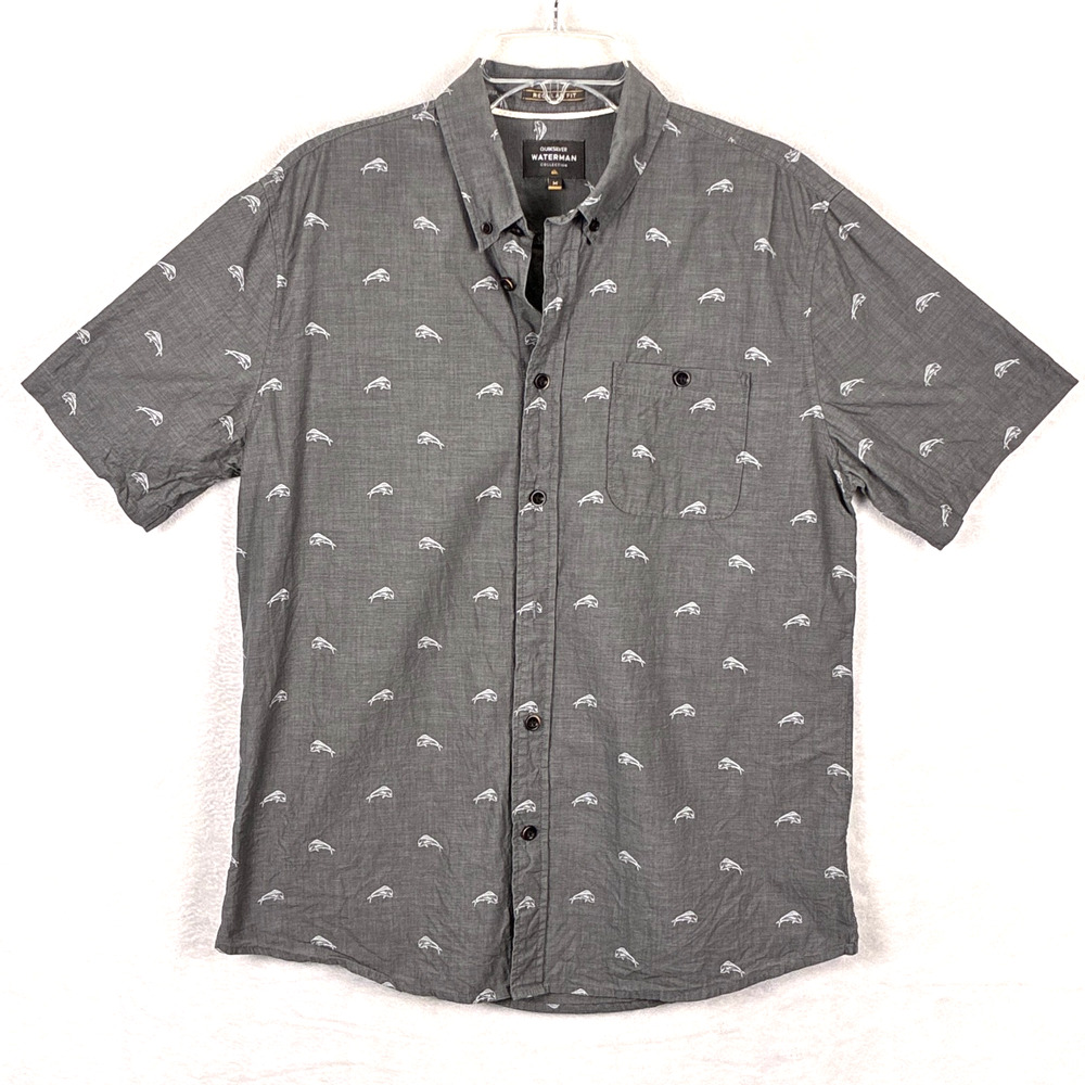 QuikSilver Waterman Shirt Mens M Gray Fish AOP Hawaiian Camp Aloha Beach Tiki